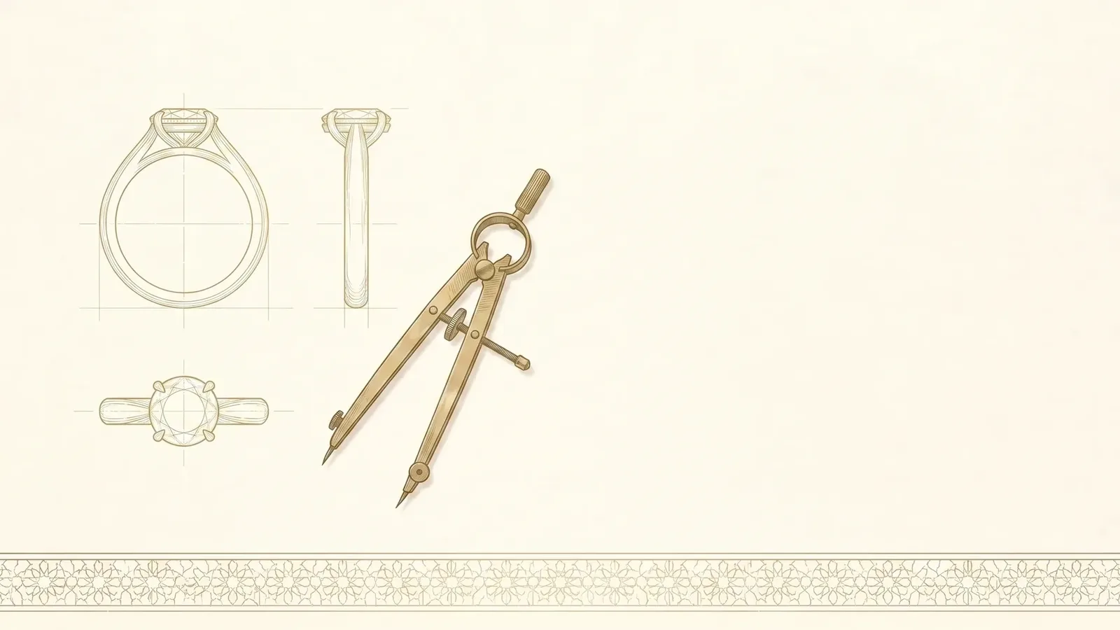 Ring design study in three views beside drawing dividers