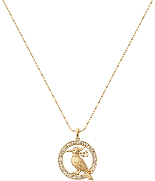 The Hamdam Hodhod Roundel Pendant in 18ct yellow gold, a satin gold hoopoe in strict profile with its crest raised and ribbons lifting from its neck, inside a frame of forty claw-set diamonds that its tail crosses, hanging from a tapered bail on a fine trace chain
