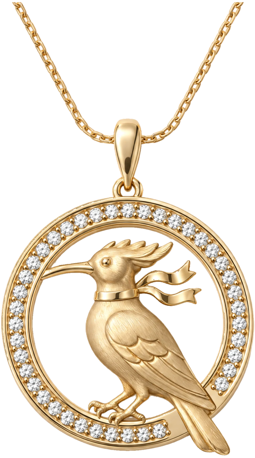 The Hamdam Hodhod Roundel Pendant cut out against lapis: a hoopoe in a diamond-set roundel with a ruby drop, on a fine chain.