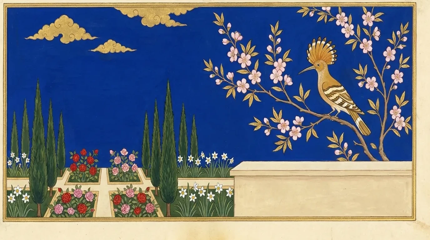 A hand-painted Persian night garden in flat gouache, deep lapis sky over a walled paradise garden, the Hamdam world the menagerie belongs to