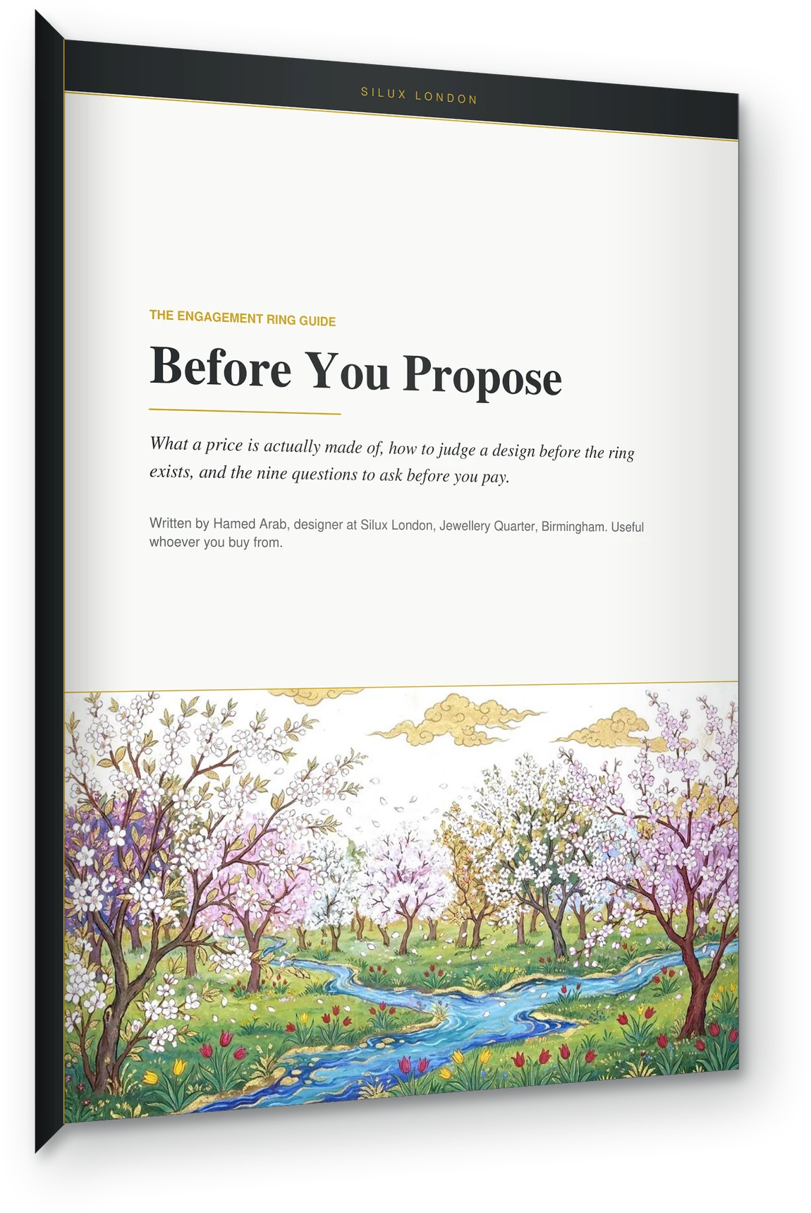 Before You Propose, the studio's engagement ring guide, shown as a printed book