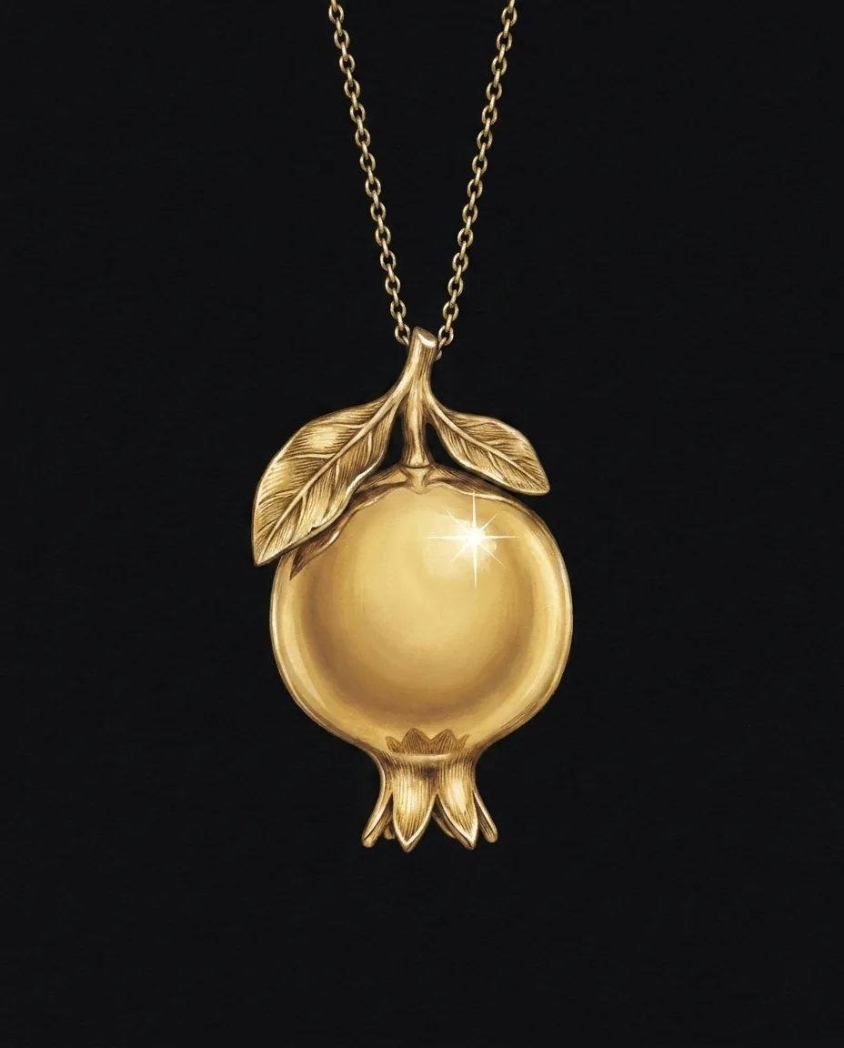A painted illustration of the Anar pomegranate pendant in gold on black card, from the atelier