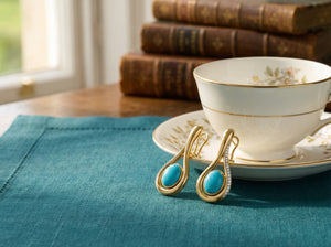 Firouzeh Turquoise Drop Earrings styled with Persian tea setting