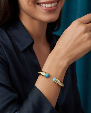Firouzeh Turquoise Cuff Bracelet worn on model, showing scale
