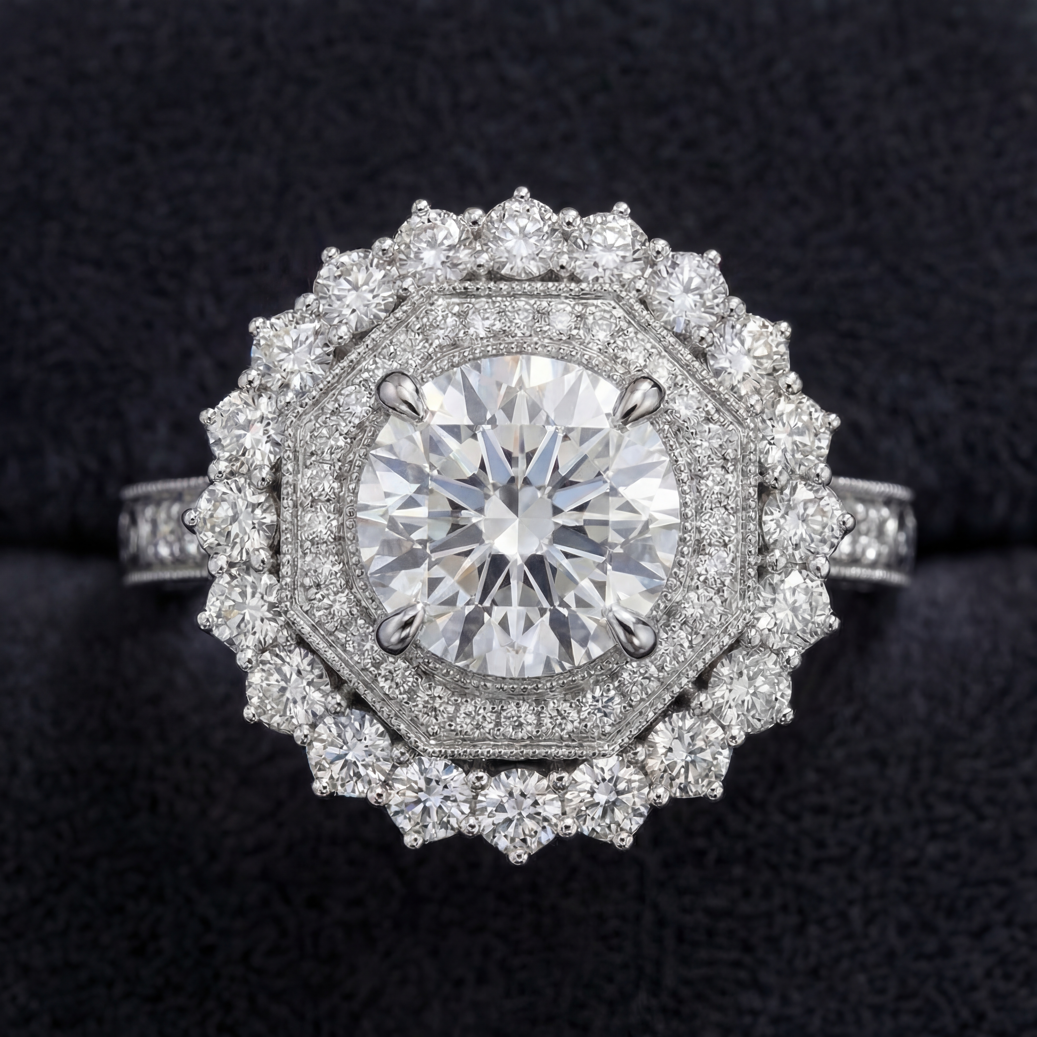 Roshanak engagement ring - top view showing two-tier muqarnas halo architecture