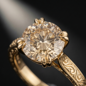 Close-up of Simin round brilliant champagne diamond in petal-shaped claws