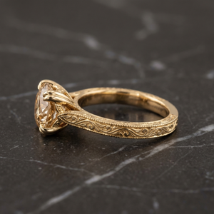 Side profile of Simin ring with RBC champagne diamond and Islimi engraving