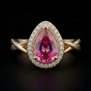 Chinar Engagement Ring - Pear-Cut Pink Sapphire with Diamond Halo in Yellow Gold