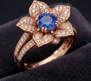 Golnar engagement ring - five-petal pomegranate blossom with cornflower blue sapphire in 18ct rose gold