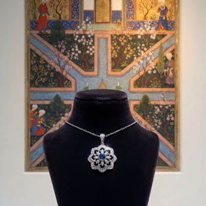 Gol-e Shab pendant on chain, 18ct white gold night flower design