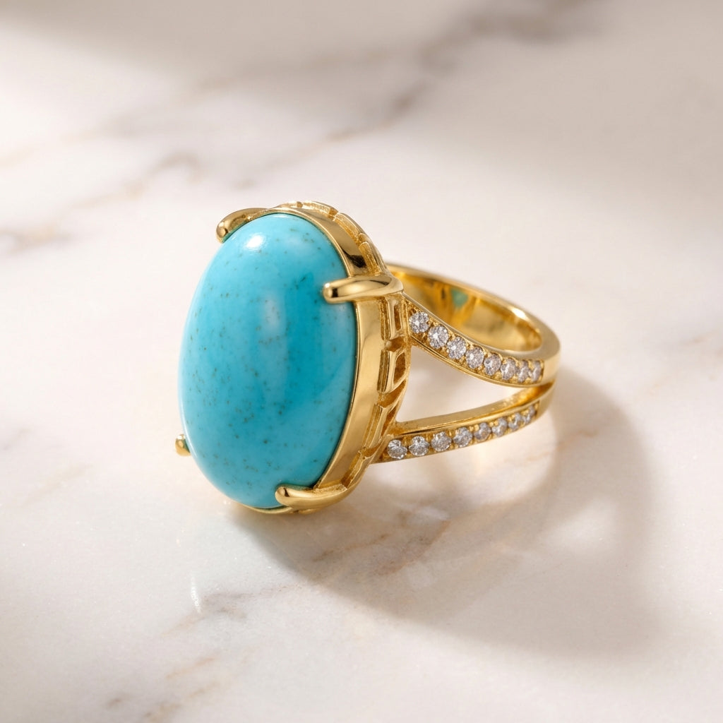 Firouzeh Turquoise Statement Ring, 45-degree angle showing design detail