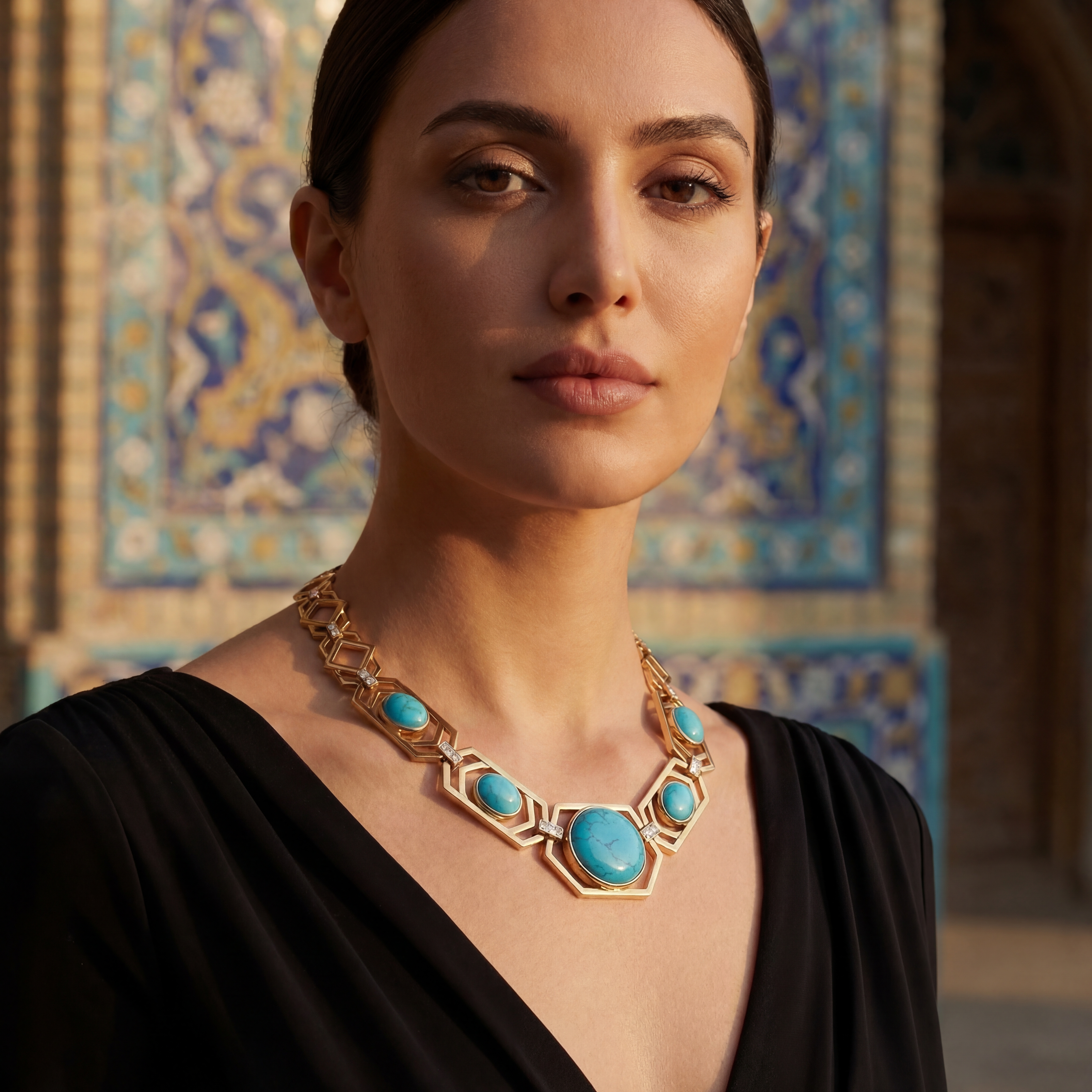 Firouzeh Turquoise Collar Necklace portrait view on model