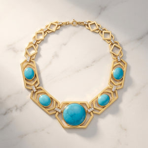 Firouzeh Turquoise Collar Necklace, 45-degree angle showing design detail