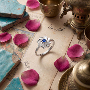 Gol-e Behesht ring on hand, 18ct white gold Persian garden jewellery