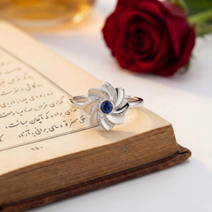 Gol-e Behesht ring back detail, hallmarked 18ct white gold band