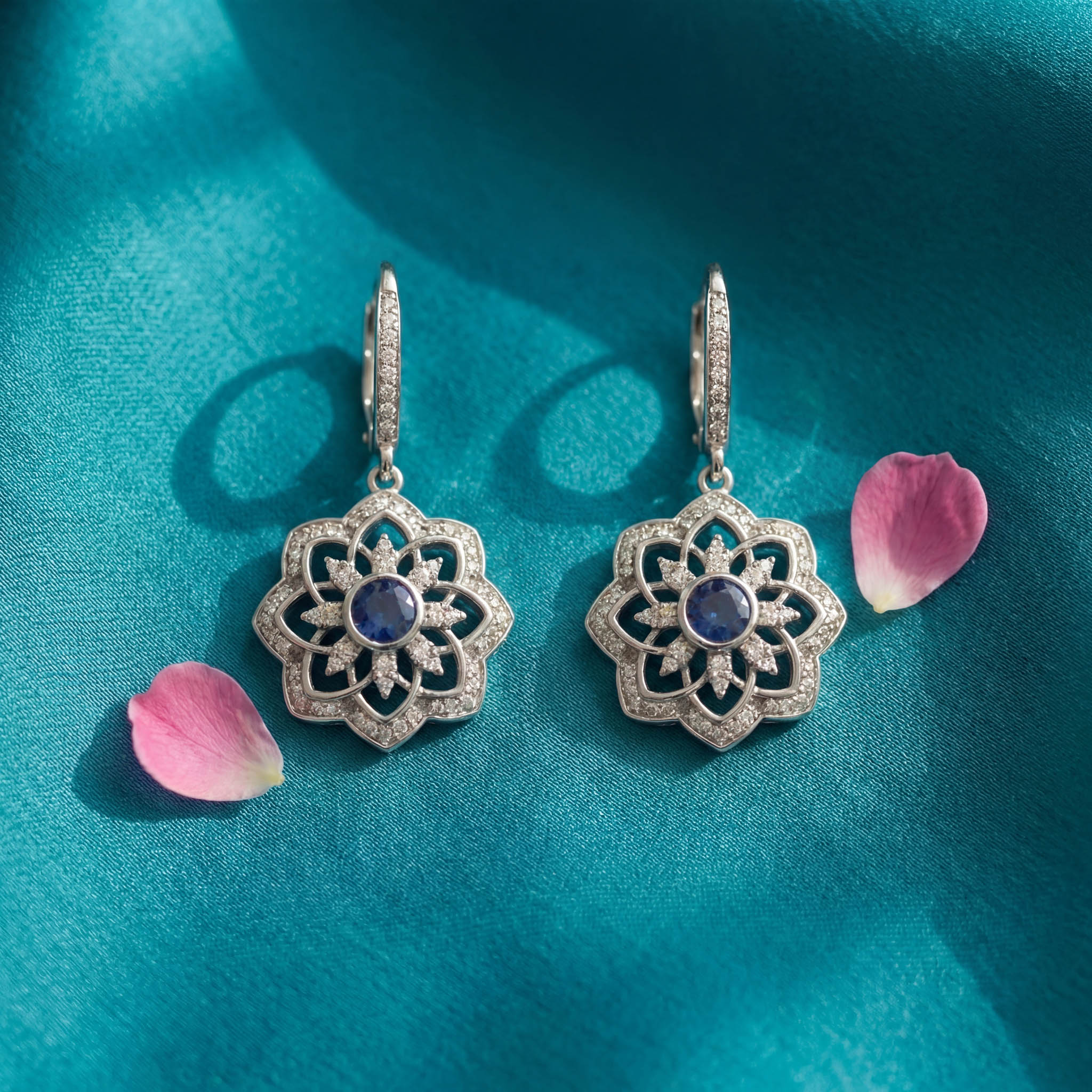 Gol-e Sefid earrings close-up showing eight-petalled flower design with diamonds