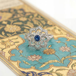 Gol-e Kabud ring from above, Persian blue rose with sapphire centre