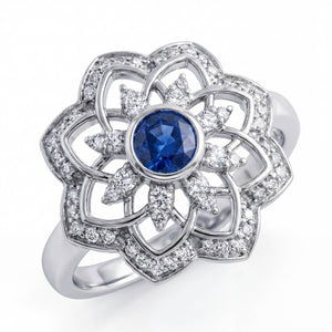 Gol-e Kabud ring in 18ct white gold with blue sapphire and diamond petals by Silux London