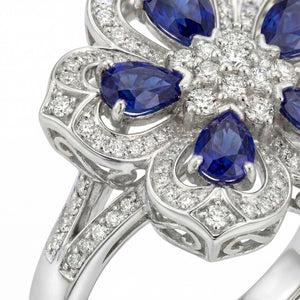 Gol-e Kabud ring side profile showing sculptural depth and sapphire placement