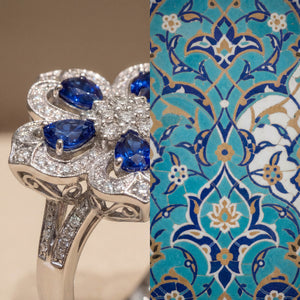 Gol-e Kabud ring from above showing flower design with blue sapphires