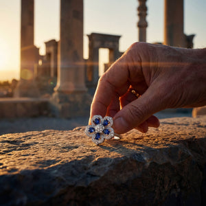 Gol-e Kabud ring alternate angle, platinum and vivid blue sapphire petals