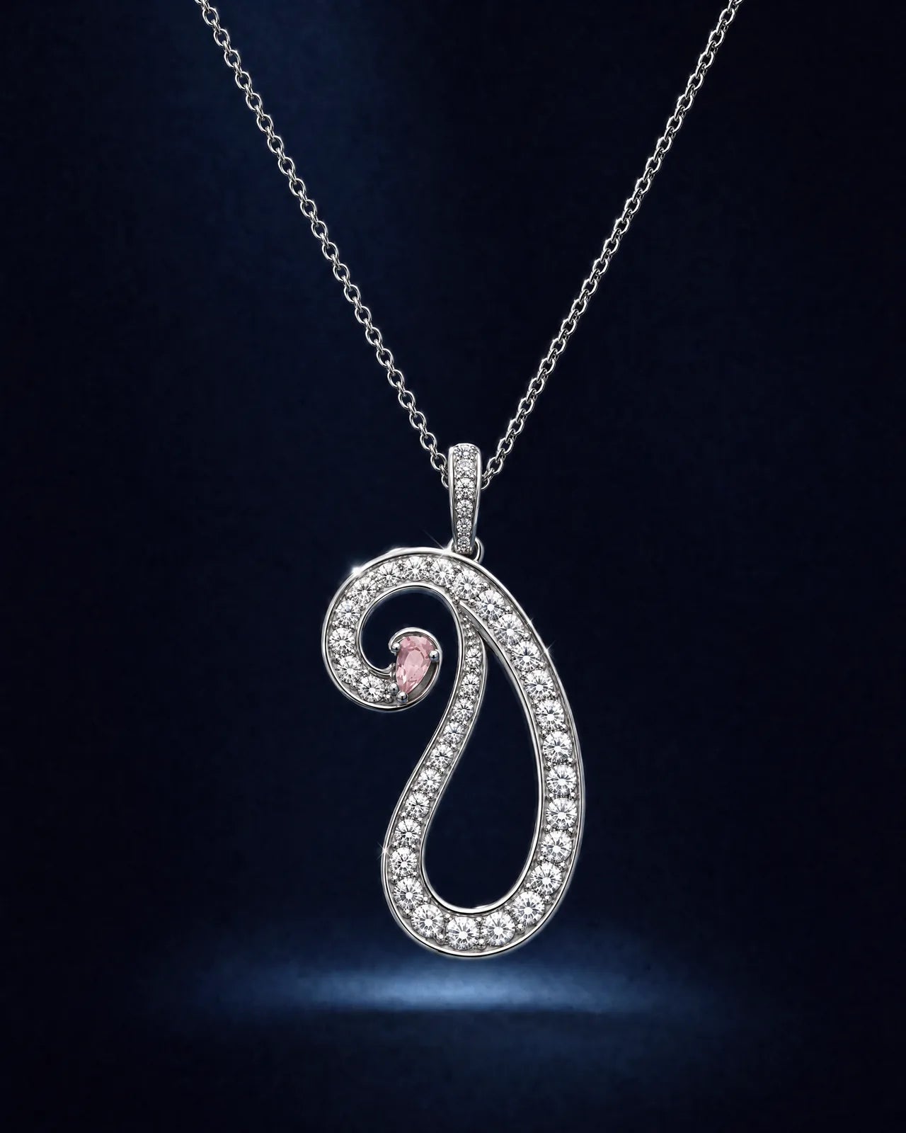 Bahar Boteh Pendant, diamond paisley with morganite on a fine white-gold chain, campaign image
