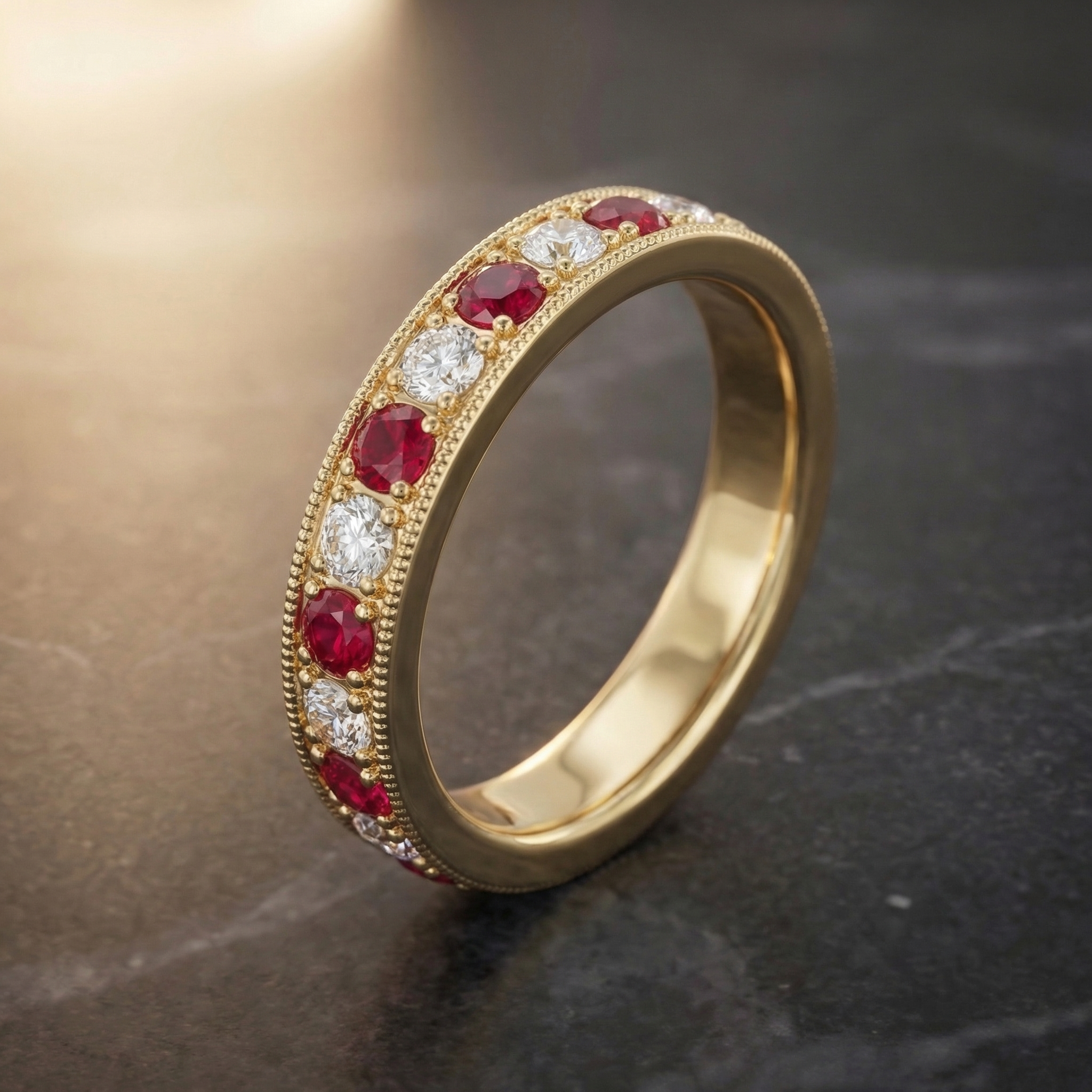 Three-quarter angle of Chahar eternity band showing grain-set rubies and diamonds