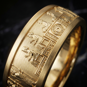 Close-up of Hamdam band Persepolis intaglio relief carving with satin and polished contrast