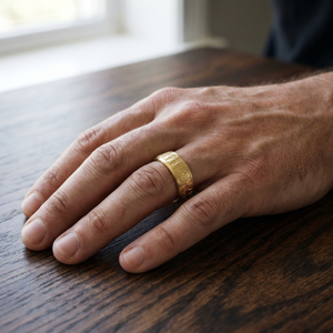 Hamdam Persepolis men's wedding band worn on a man's hand