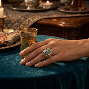 Raqqaseh Persian Miniature Cocktail Ring worn on hand, Persian-inspired luxury setting, Silux London