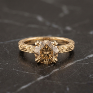 Simin round brilliant champagne diamond engagement ring with Islimi engraving in 18ct yellow gold