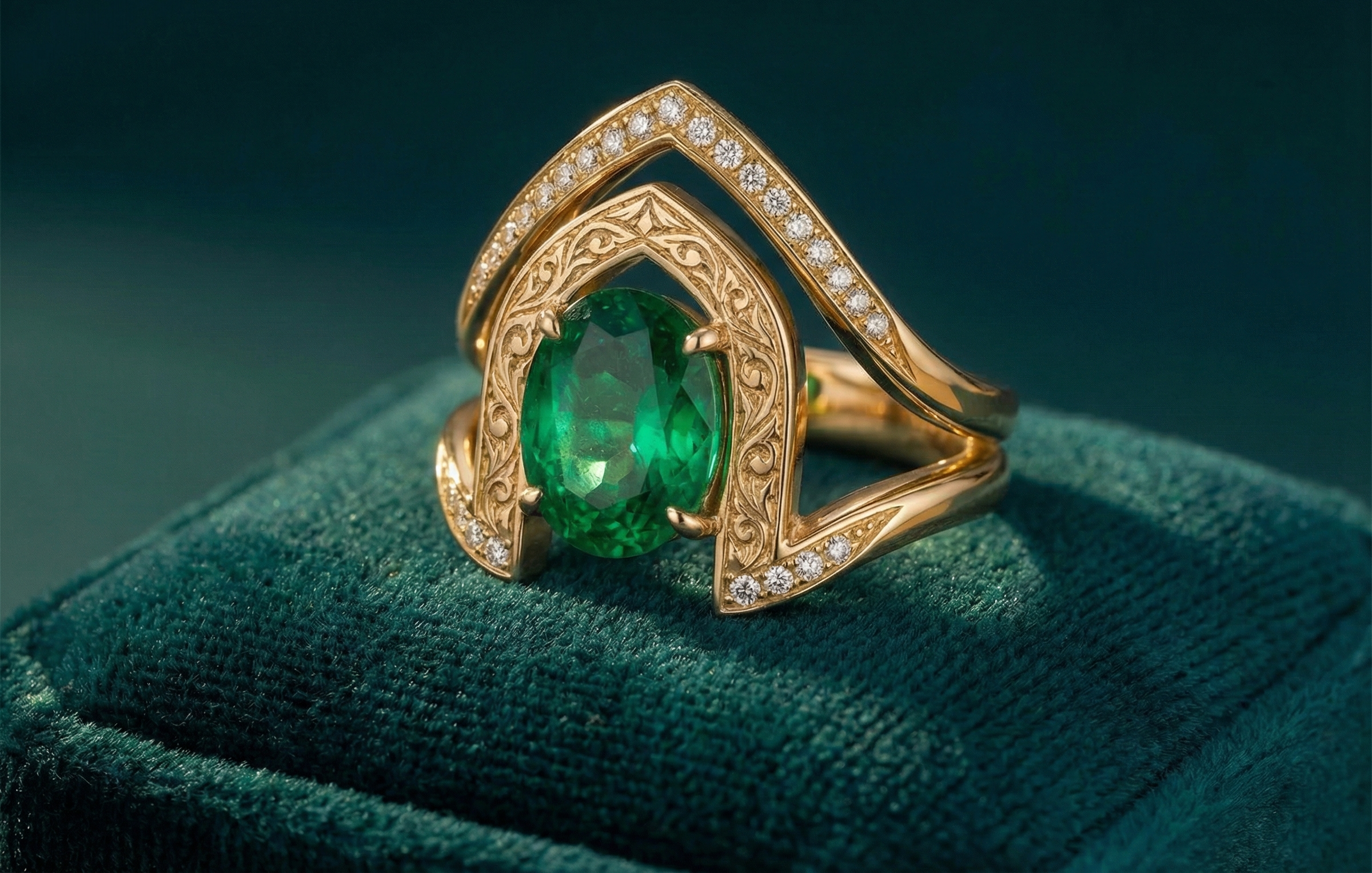 Roya engagement ring - Angled view showing ring profile and setting detail