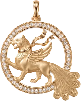 The Afsaneh Senmurv Roundel Pendant in 18ct yellow gold, the Sassanian creature, dog-headed, lion-pawed, peacock-tailed, pierced within a pearl-bordered roundel