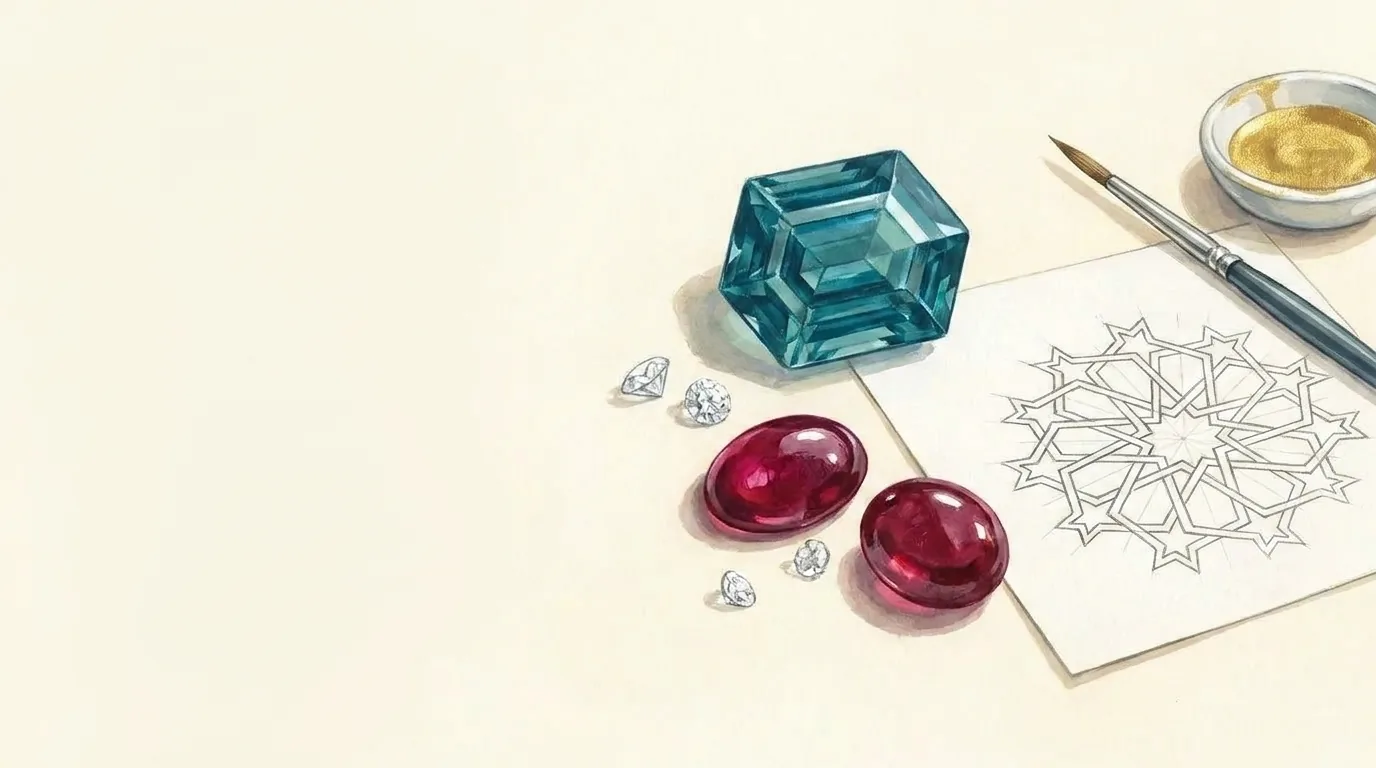 Painted study of loose coloured stones beside a girih lattice drawing