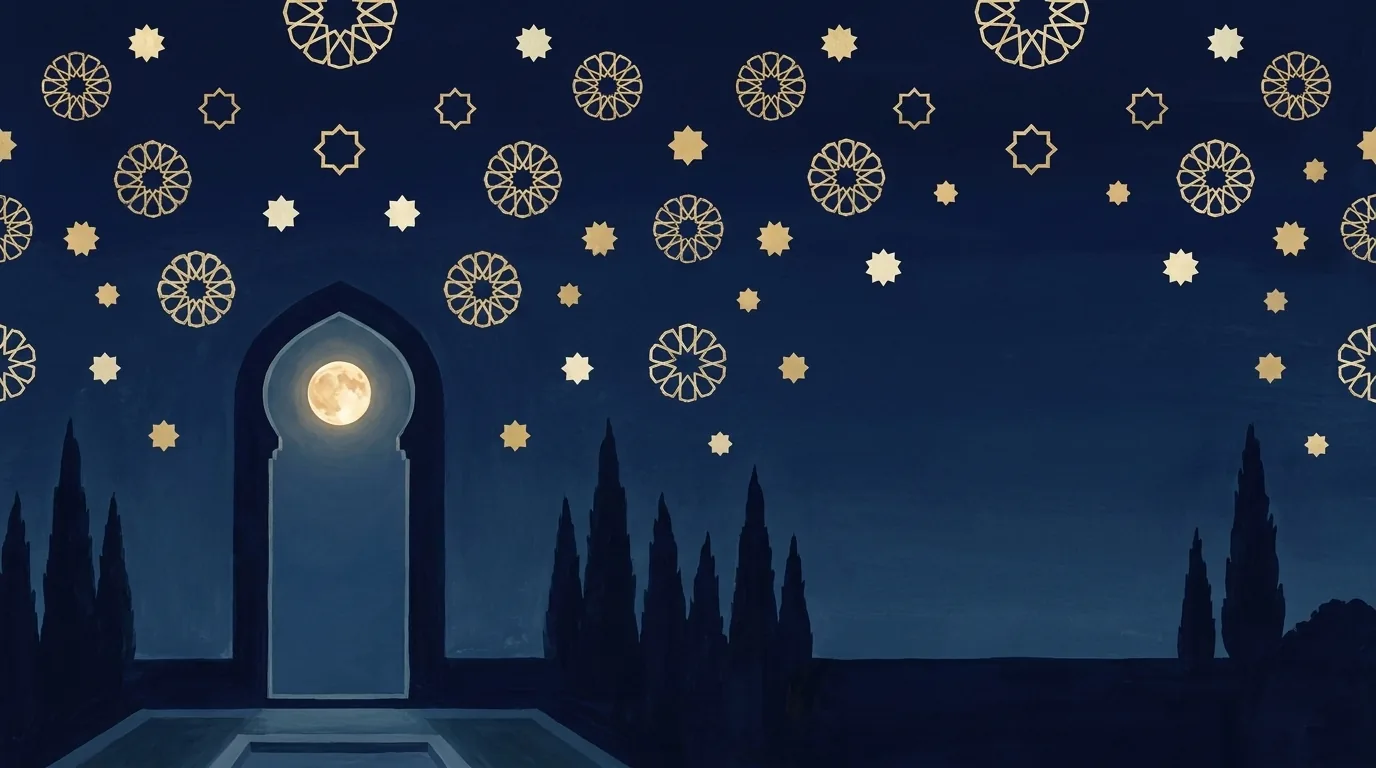 Painted night sky of golden girih stars over a Persian garden archway