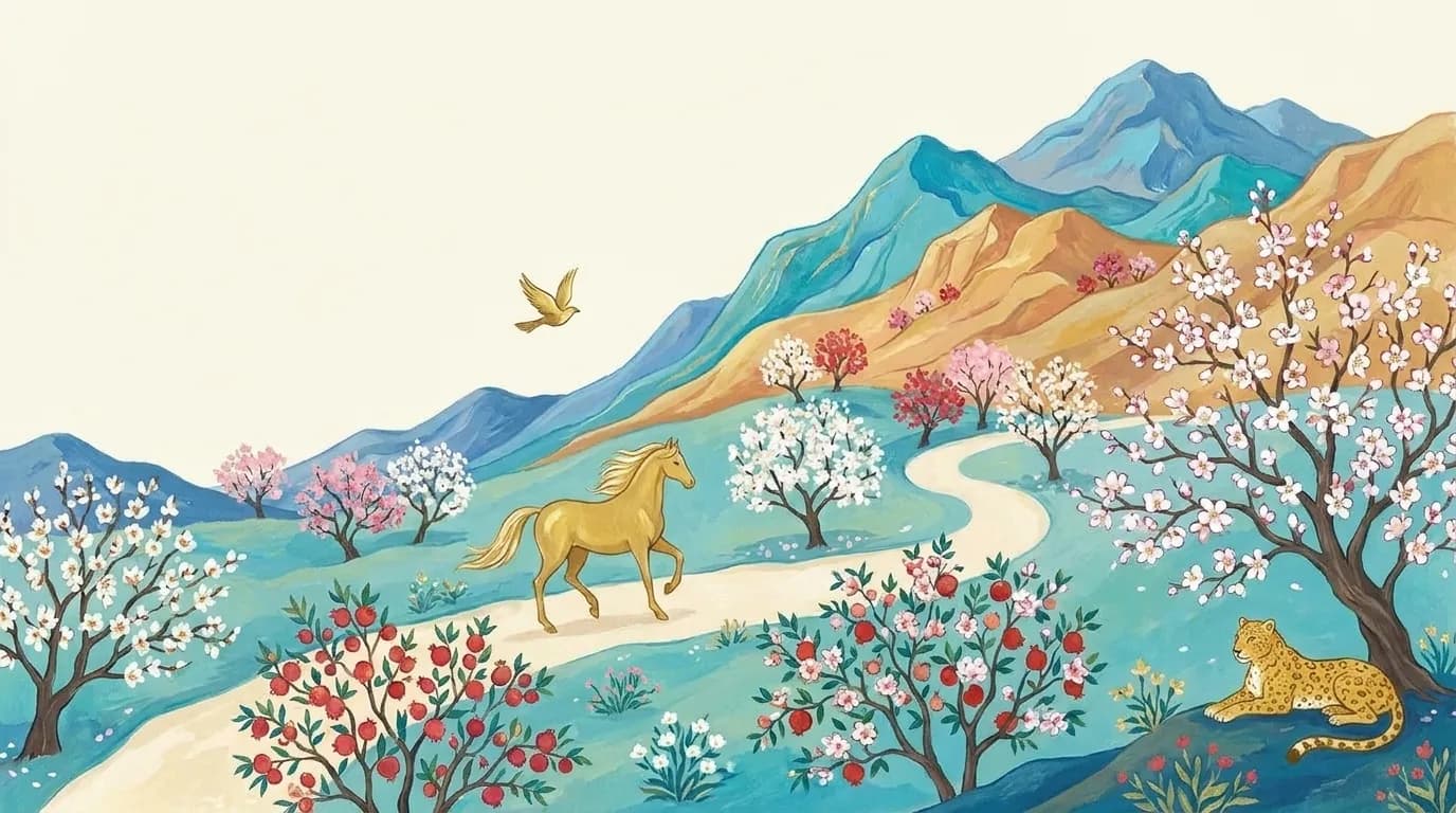 Painted storybook band of a horse, a parrot and a leopard woven through a Persian night garden