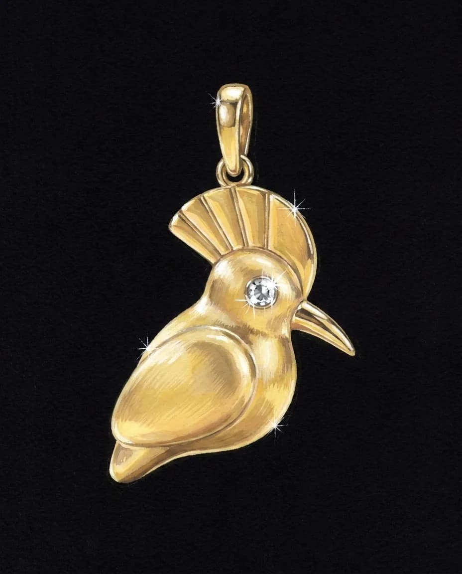 Gouache rendering of the Hodhod Pendant on black card