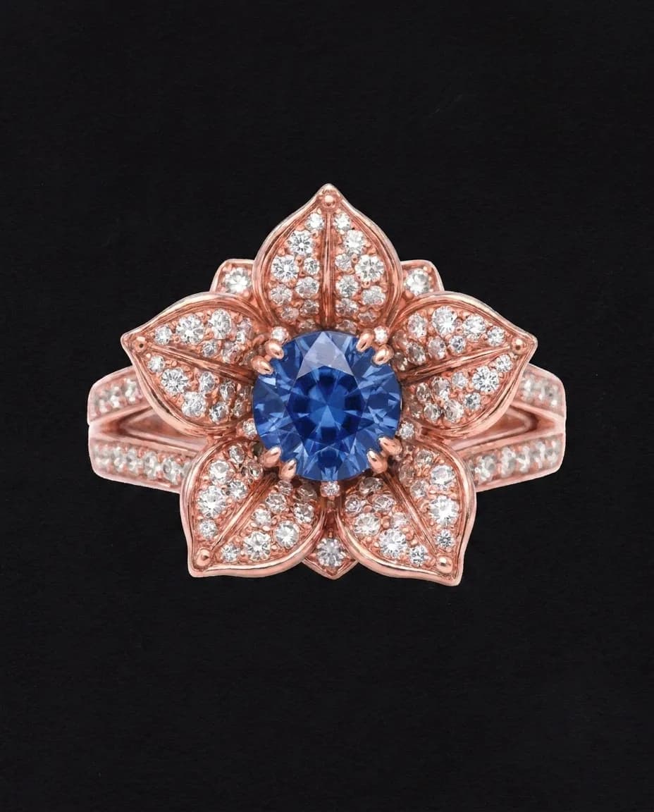 Gouache rendering of the Golnar Engagement Ring on black card