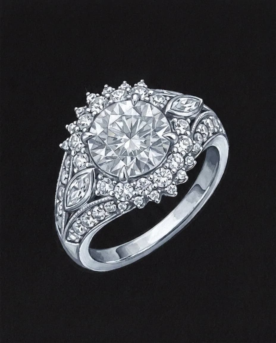Gouache rendering of the Mahtab ring on black card