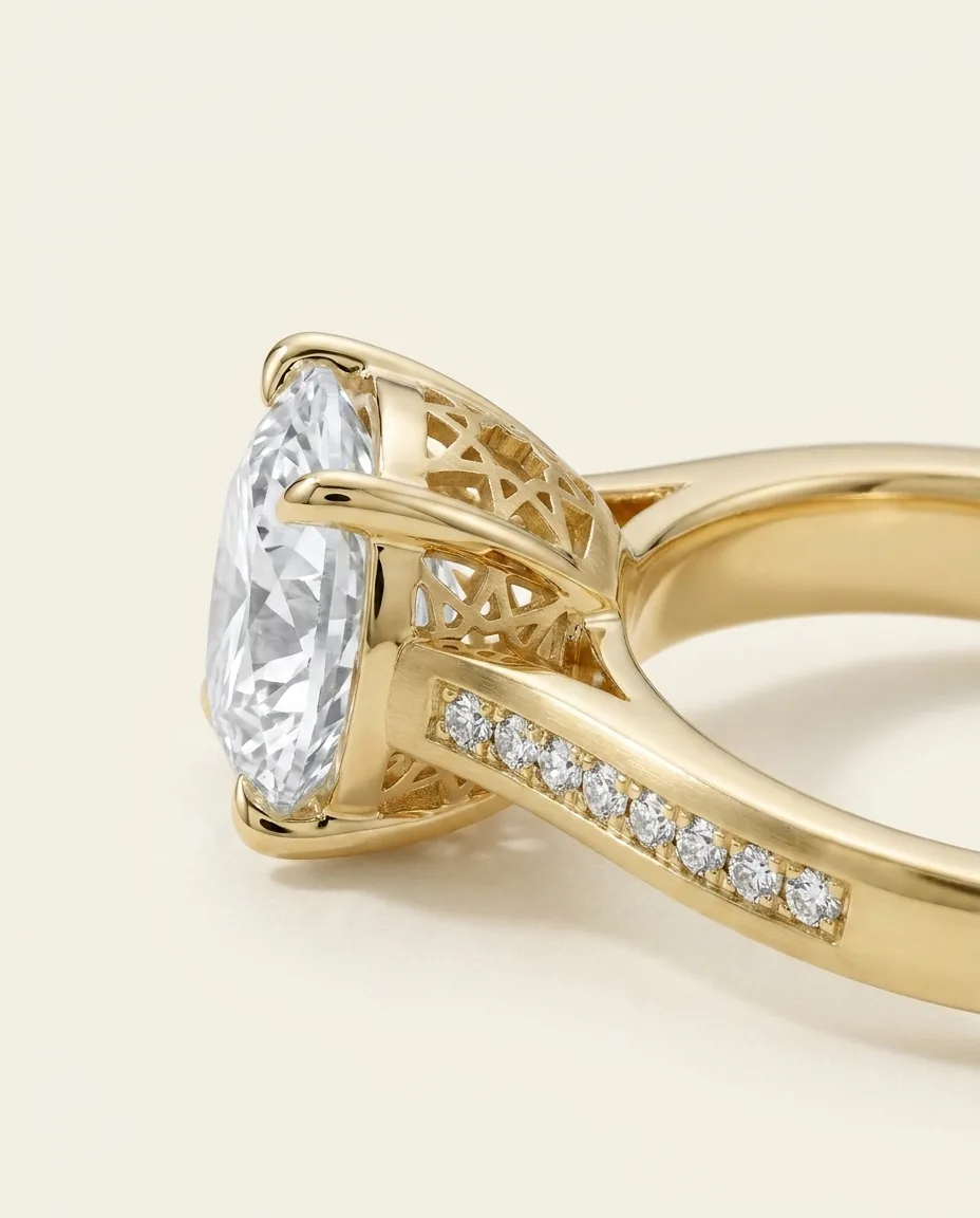 Macro profile of the pierced girih star undergallery beneath a round brilliant diamond