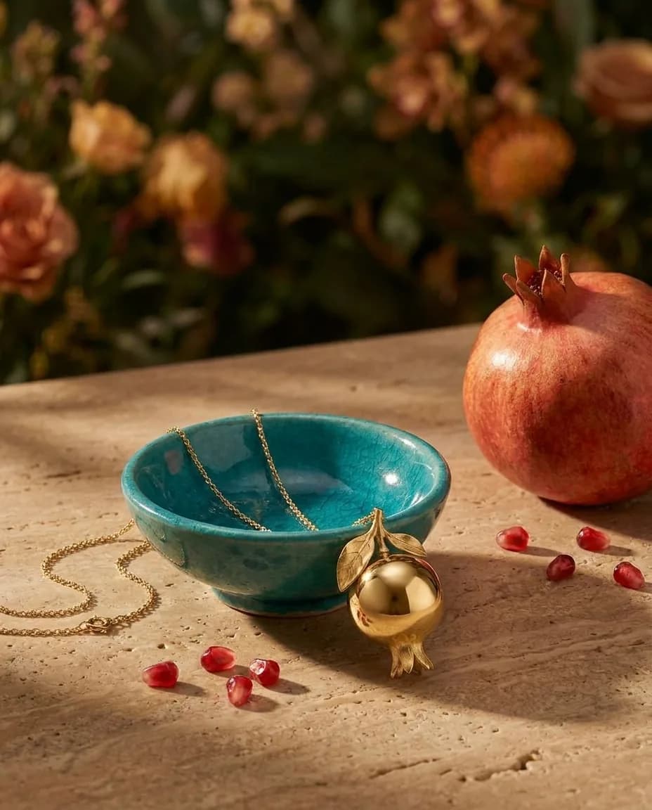 The Anar Pendant in solid gold resting on champagne silk, its polished pomegranate body catching the light