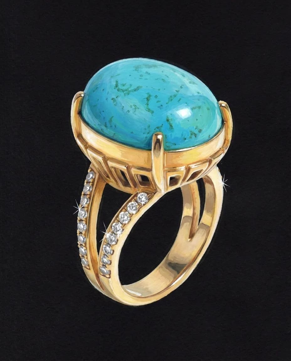 Gouache rendering of the Firouzeh Turquoise Statement Ring on black card