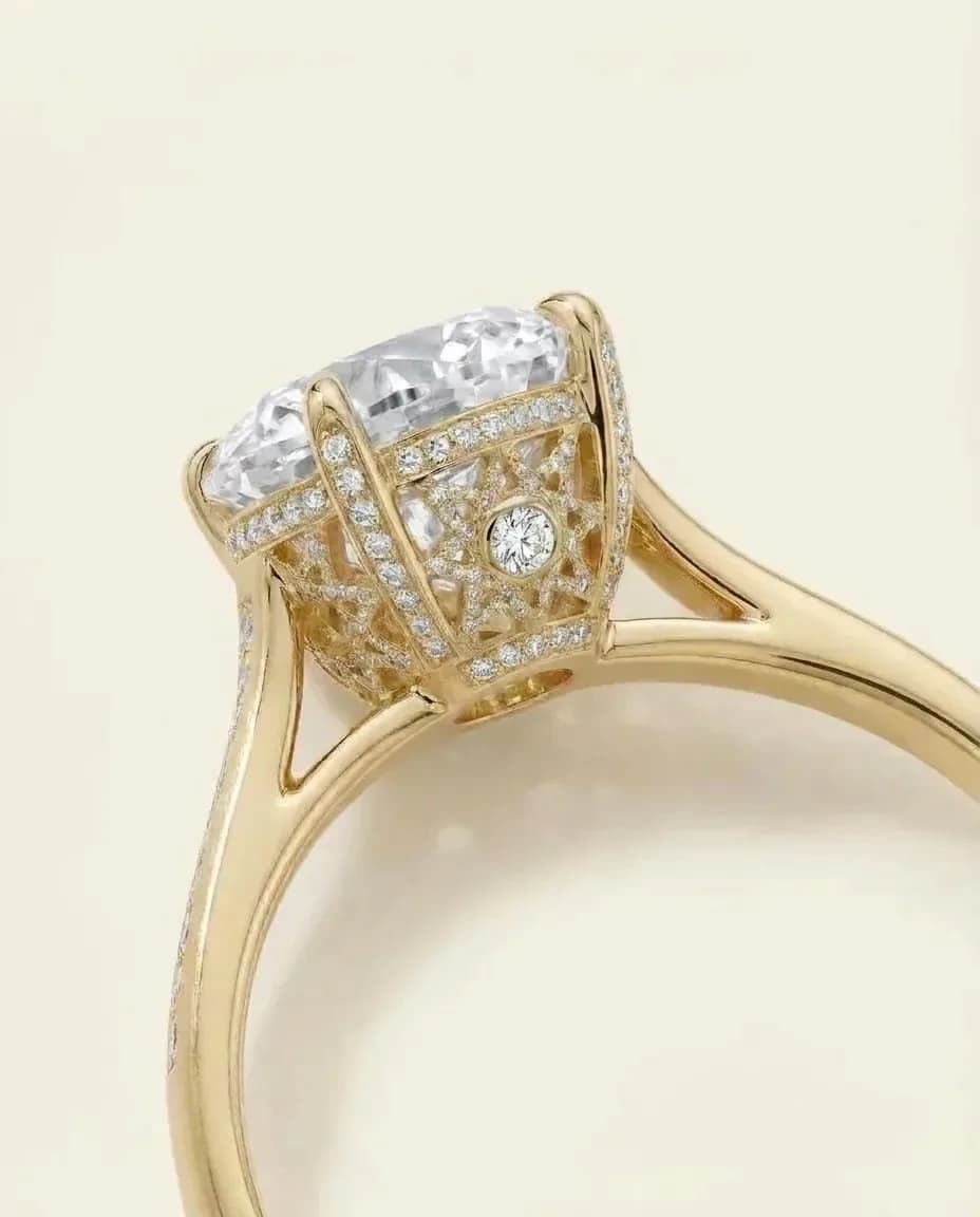 Macro view of the Setareh Noor ring, a single hidden diamond at the heart of the girih dome