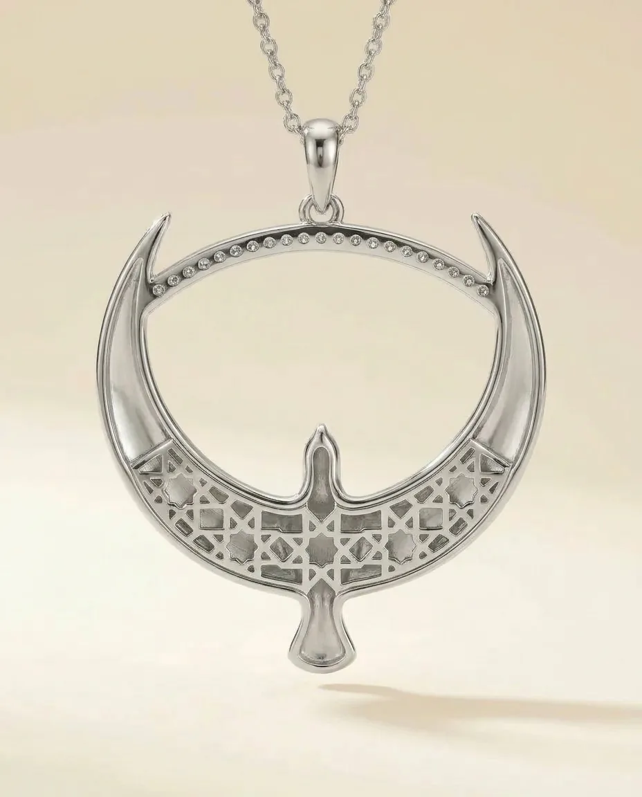 The Homa pendant from the reverse, in white gold: the same geometry, a different bird, the same rule.