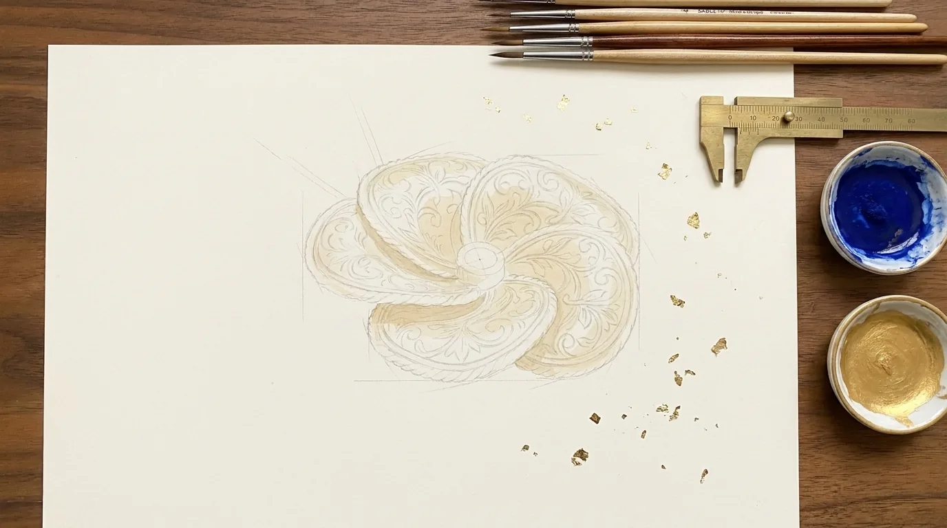 A painted gouache scene of the jeweller's workbench in the atelier
