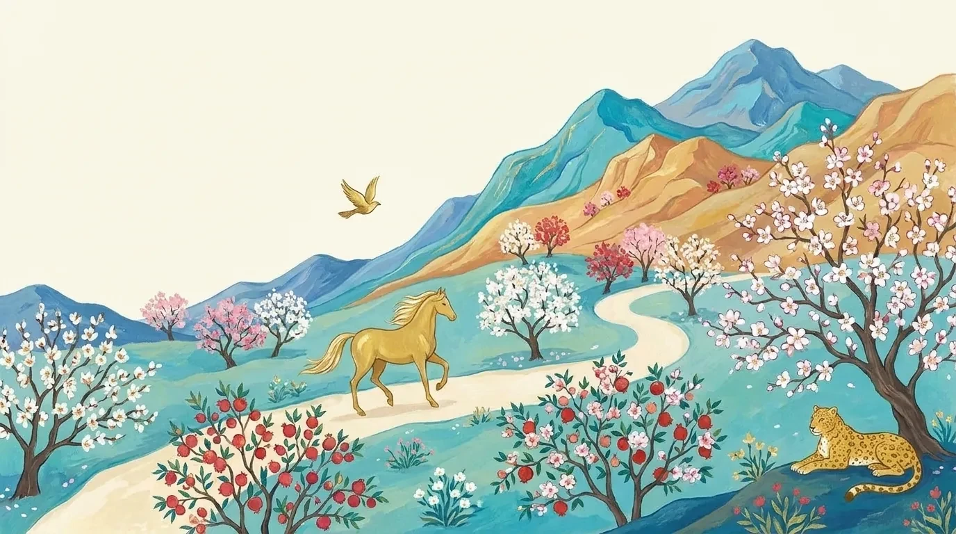 A hand-painted Persian valley in flat gouache, a golden horse on the winding path, blossom and pomegranate trees, a leopard resting at the edge