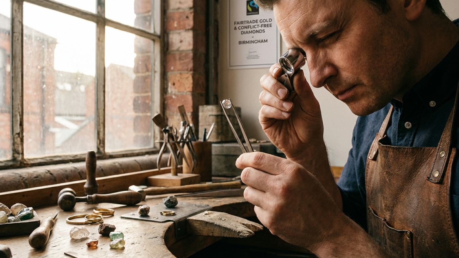 Jeweller examining a diamond with loupe in Birmingham workshop - ethical sustainable fine jewellery UK
