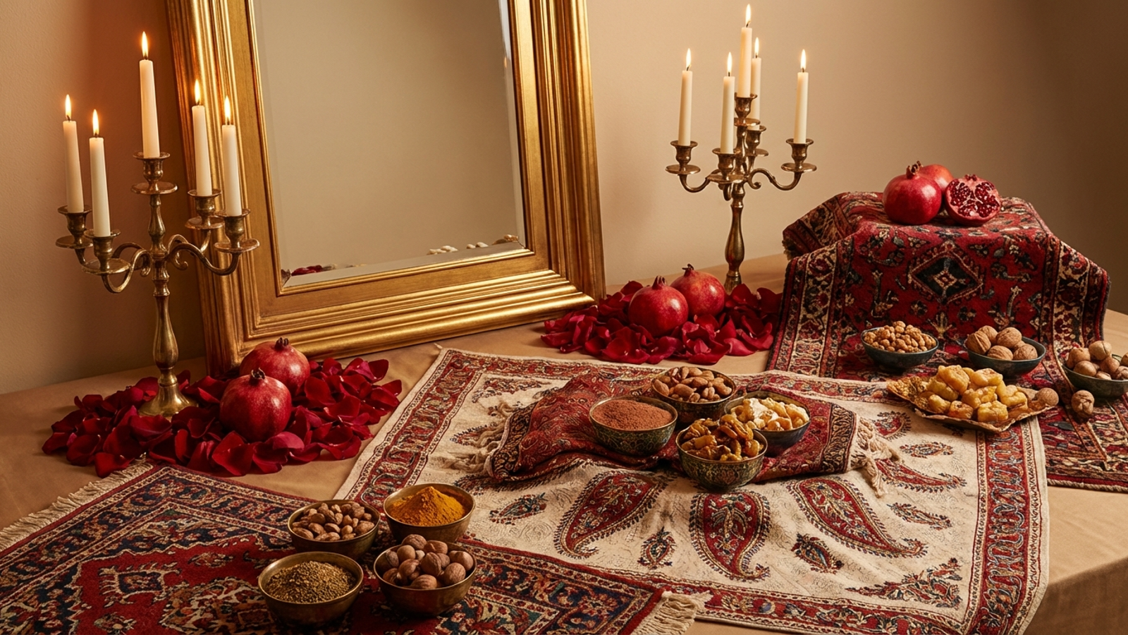 Persian sofreh aghd wedding table with gold candelabras and rose petals - Persian wedding jewellery UK