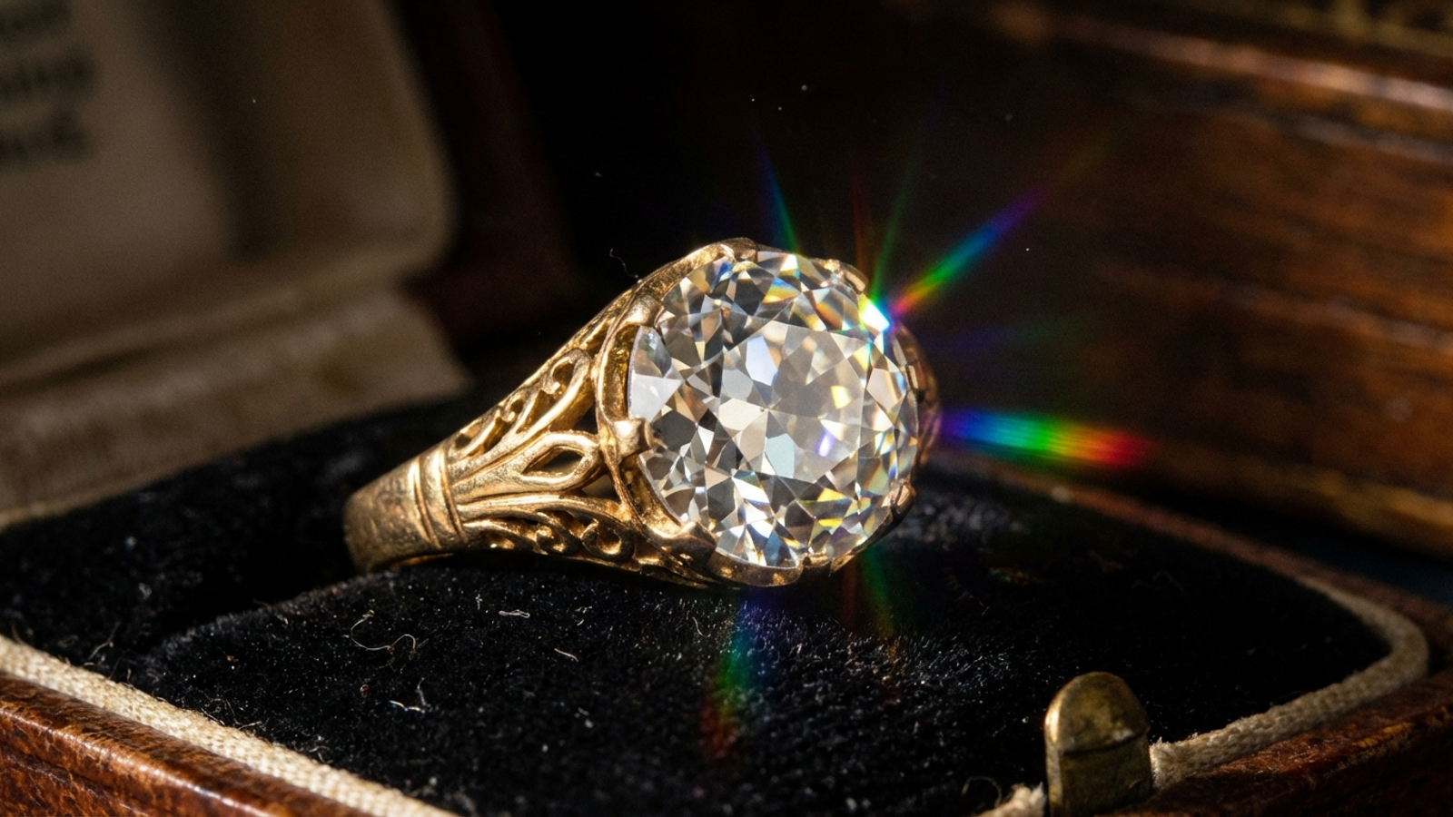 Old European cut diamond ring in yellow gold with refracting light - vintage engagement ring revival UK 2026
