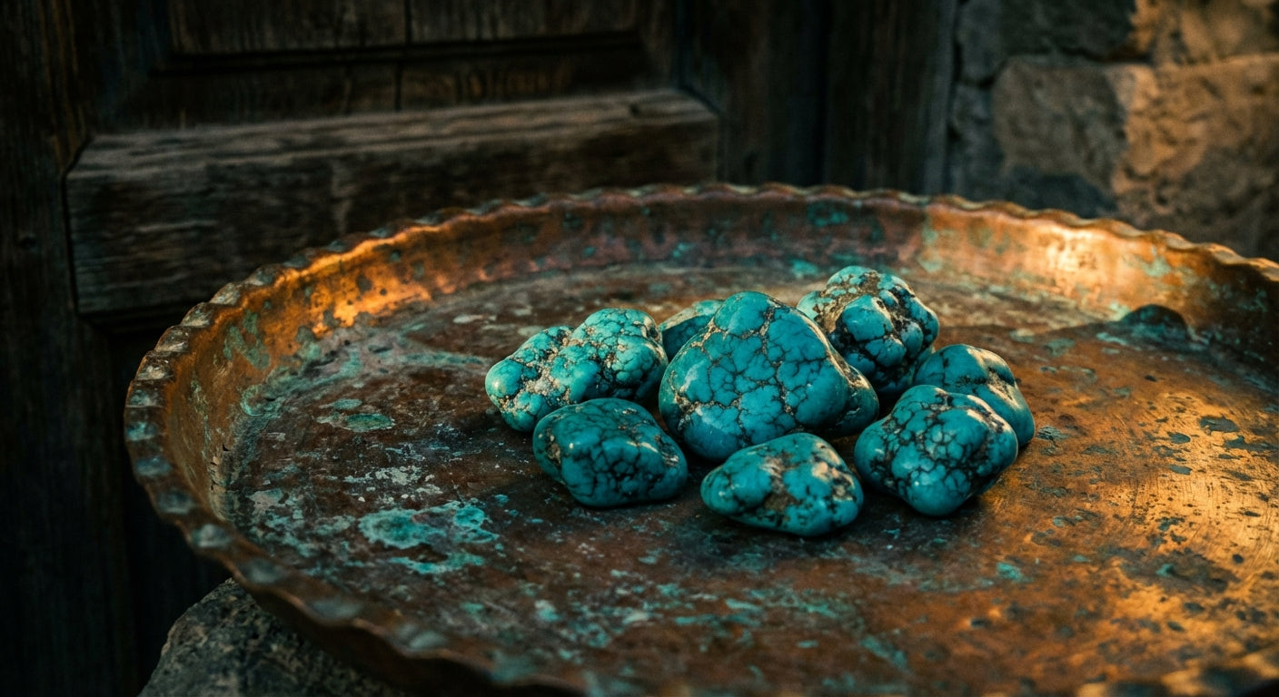Raw Persian turquoise stones from Neyshabur arranged on an ancient copper tray with warm golden lighting
